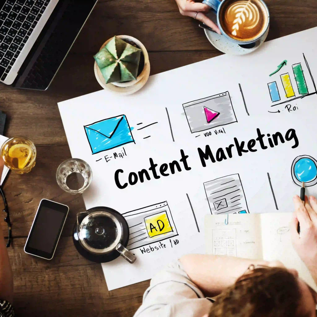 A content marketing strategy plan featuring email marketing, video marketing, ads, and ROI, placed on a workspace table with coffee and notebooks. Expert content marketing services by a digital marketing expert in Thrissur.