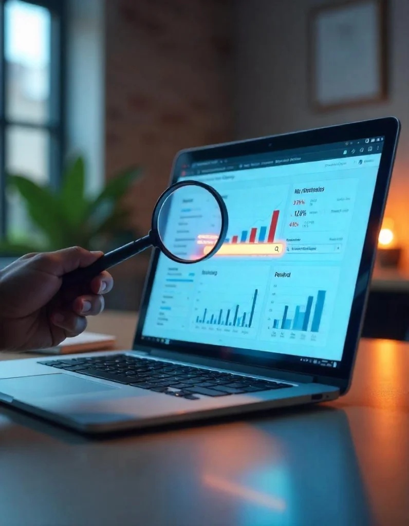 A laptop displaying search engine marketing (SEM) analytics with a hand holding a magnifying glass, highlighting data insights and performance metrics. Expert SEM services by a digital marketing expert in Thrissur.